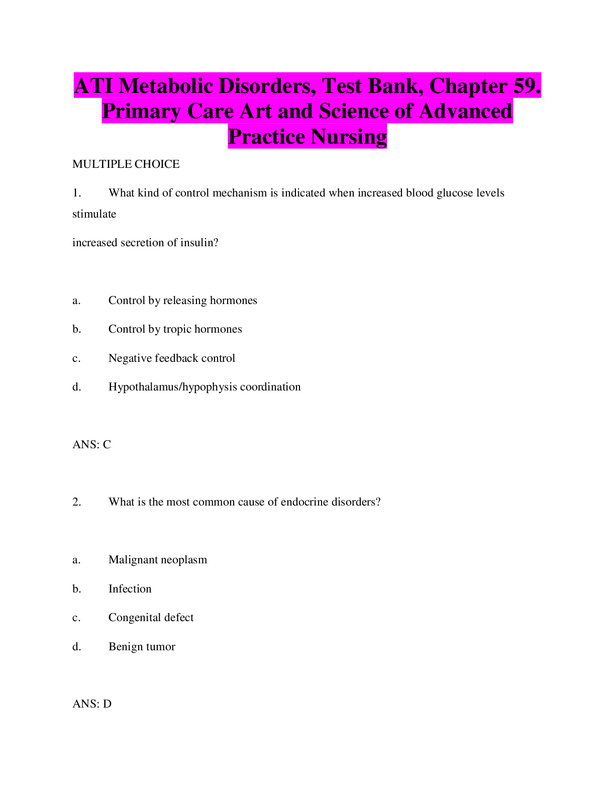Preview of ATI Metabolic Disorders, Test Bank, Chapter 59. Primary Care Art and Science of Advanced P